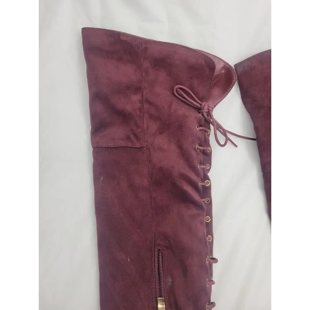 Indulge Size 7 Suede High Heel Over The Knee Boots Lace Up Zip Burgundy Maroon